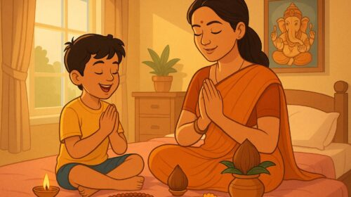 "एक मां और बच्चा सुबह की वैदिक प्रार्थना करते हुए, सामने दीपक, जपमाला और कलश के साथ"