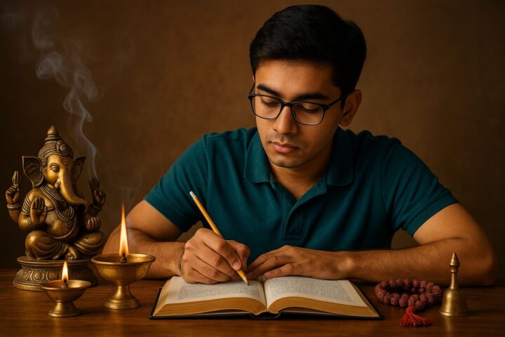 एक युवा विद्यार्थी वैदिक वातावरण में पढ़ाई करते हुए – पास में गणेश प्रतिमा, दीपक, रुद्राक्ष माला और पूजा की घंटी रखी हुई है।