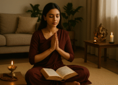एक शांत वातावरण में युवती ध्यान मुद्रा में वैदिक ग्रंथ पढ़ते हुए, पास में दीपक, रुद्राक्ष की माला और गणेश प्रतिमा रखी हुई है।