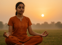 सुबह के शांत वातावरण में ध्यान लगाती महिला, मन की शांति के लिए मेडिटेशन करती हुई