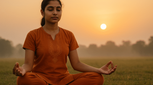 सुबह के शांत वातावरण में ध्यान लगाती महिला, मन की शांति के लिए मेडिटेशन करती हुई