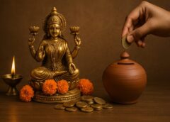 लक्ष्मी माता की प्रतिमा के पास दीपक और सिक्कों के साथ मिट्टी की गुल्लक में सिक्का डालता हुआ हाथ – स्थायी लक्ष्मी प्राप्ति के लिए शुभ आदतों का प्रतीक।