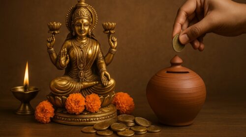 लक्ष्मी माता की प्रतिमा के पास दीपक और सिक्कों के साथ मिट्टी की गुल्लक में सिक्का डालता हुआ हाथ – स्थायी लक्ष्मी प्राप्ति के लिए शुभ आदतों का प्रतीक।