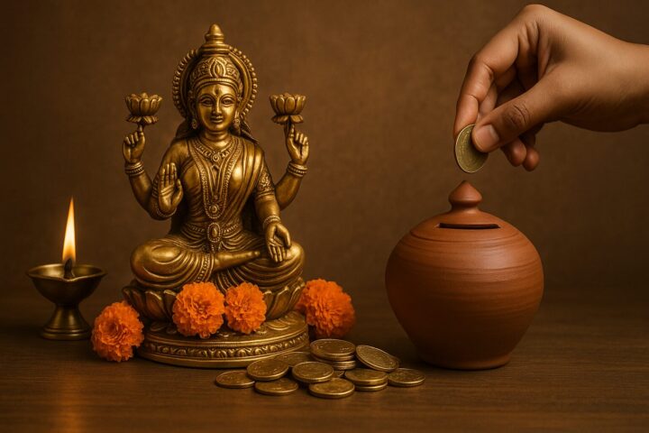 लक्ष्मी माता की प्रतिमा के पास दीपक और सिक्कों के साथ मिट्टी की गुल्लक में सिक्का डालता हुआ हाथ – स्थायी लक्ष्मी प्राप्ति के लिए शुभ आदतों का प्रतीक।