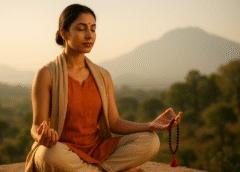 सुबह के समय प्रकृति के बीच जप माला के साथ ध्यान करती हुई महिला साधक
