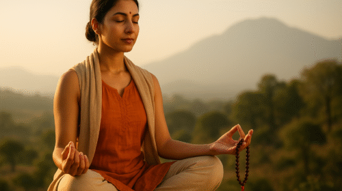 सुबह के समय प्रकृति के बीच जप माला के साथ ध्यान करती हुई महिला साधक