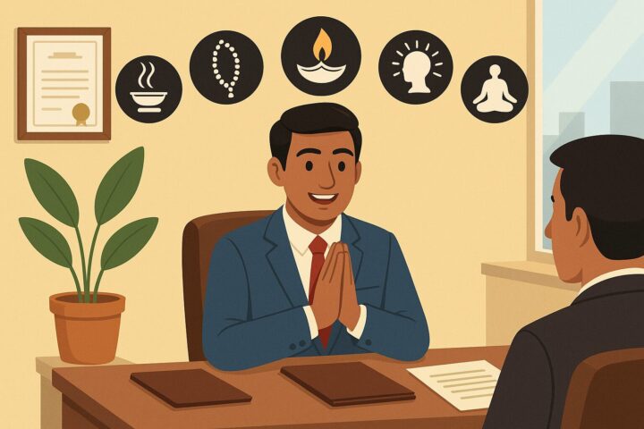 "इंटरव्यू में सफलता के लिए आध्यात्मिक मंत्र साधना करने वाला युवक, बैकग्राउंड में ध्यान और मंत्र के प्रतीक चिन्ह"
