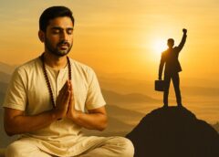 ध्यान मुद्रा में मंत्र जाप करता व्यक्ति और सफलता के शिखर पर खड़ा विजयी पुरुष।
