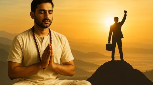 ध्यान मुद्रा में मंत्र जाप करता व्यक्ति और सफलता के शिखर पर खड़ा विजयी पुरुष।
