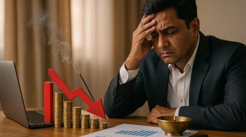व्यापार में घाटे से परेशान व्यापारी और सफलता के लिए वैदिक टोटकों का प्रतीक