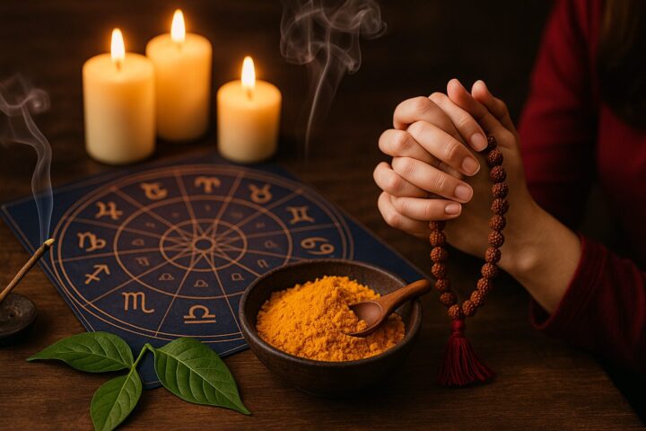 रुद्राक्ष माला, हल्दी, और ज्योतिषीय चार्ट के साथ शांति उपाय करते व्यक्ति के हाथ — सफलता में बाधा डालने वाले शत्रु ग्रहों को शांत करने के लिए उपाय करते हुए।
