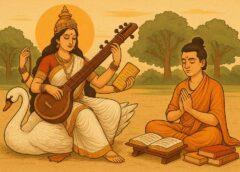 गायत्री मंत्र के प्रभाव से स्मरण शक्ति बढ़ाने के लिए सरस्वती माता की उपासना करता एक विद्यार्थी।