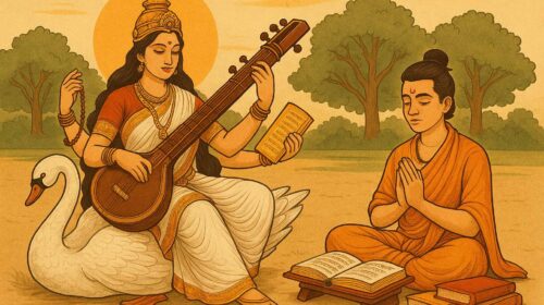 गायत्री मंत्र के प्रभाव से स्मरण शक्ति बढ़ाने के लिए सरस्वती माता की उपासना करता एक विद्यार्थी।