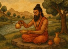 “प्राचीन ऋषि नदी के किनारे सोमरस की धारा को पात्र में उड़ेलते हुए – वैदिक जीवनशैली और सोमरस के गूढ़ रहस्यों का प्रतीक चित्र”