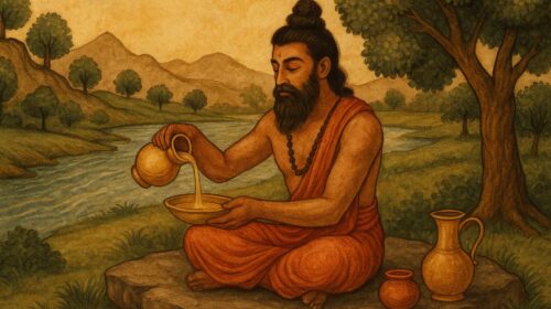 “प्राचीन ऋषि नदी के किनारे सोमरस की धारा को पात्र में उड़ेलते हुए – वैदिक जीवनशैली और सोमरस के गूढ़ रहस्यों का प्रतीक चित्र”