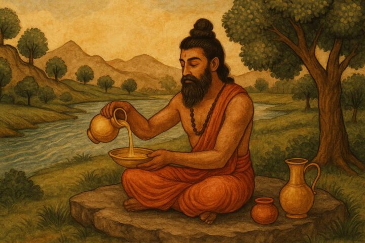 “प्राचीन ऋषि नदी के किनारे सोमरस की धारा को पात्र में उड़ेलते हुए – वैदिक जीवनशैली और सोमरस के गूढ़ रहस्यों का प्रतीक चित्र”
