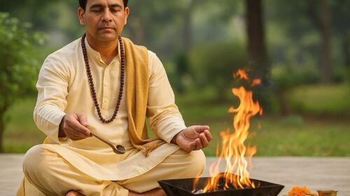 एक पुरुष शांत मन से हवन करते हुए, पास में हवन सामग्री और अग्निकुंड